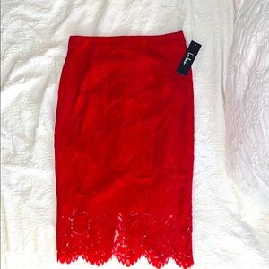Red lace midi skirt